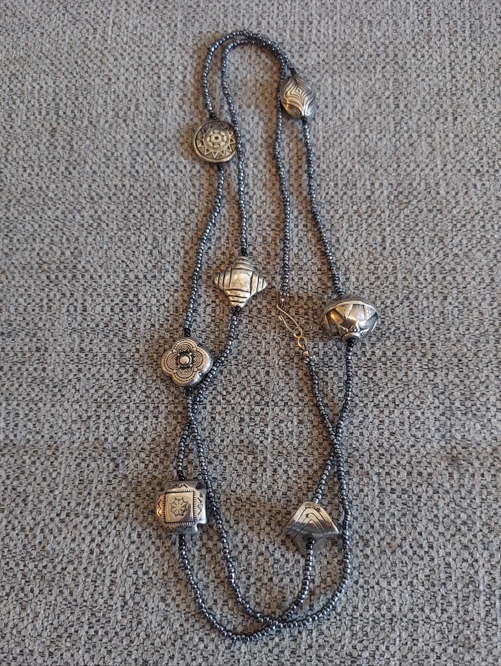 Silver-Tone Beaded Necklace with Decorative Charms